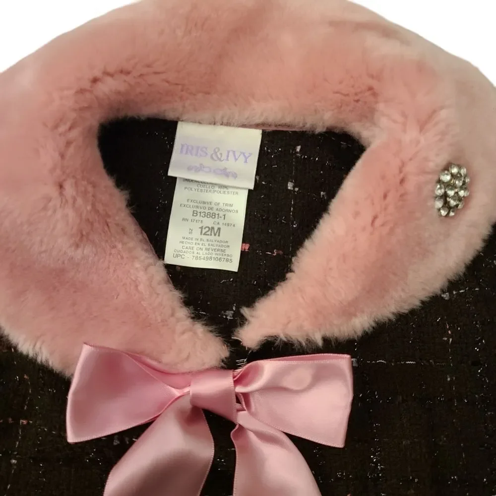 Iris‎ & Ivy Baby Coat Black Tweed Faux Fur Collar Big Bow Infant Size 12 Months